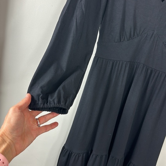 LOFT Black Jacquard Balloon Sleeve V-Neck Dress 2 - Picture 4 of 10